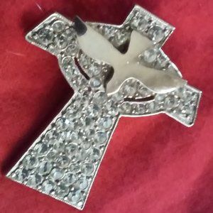 TBN Vintage Brooch Pin Unisex Silver Tone Pave Rhinestone Cross and Dove Perfec